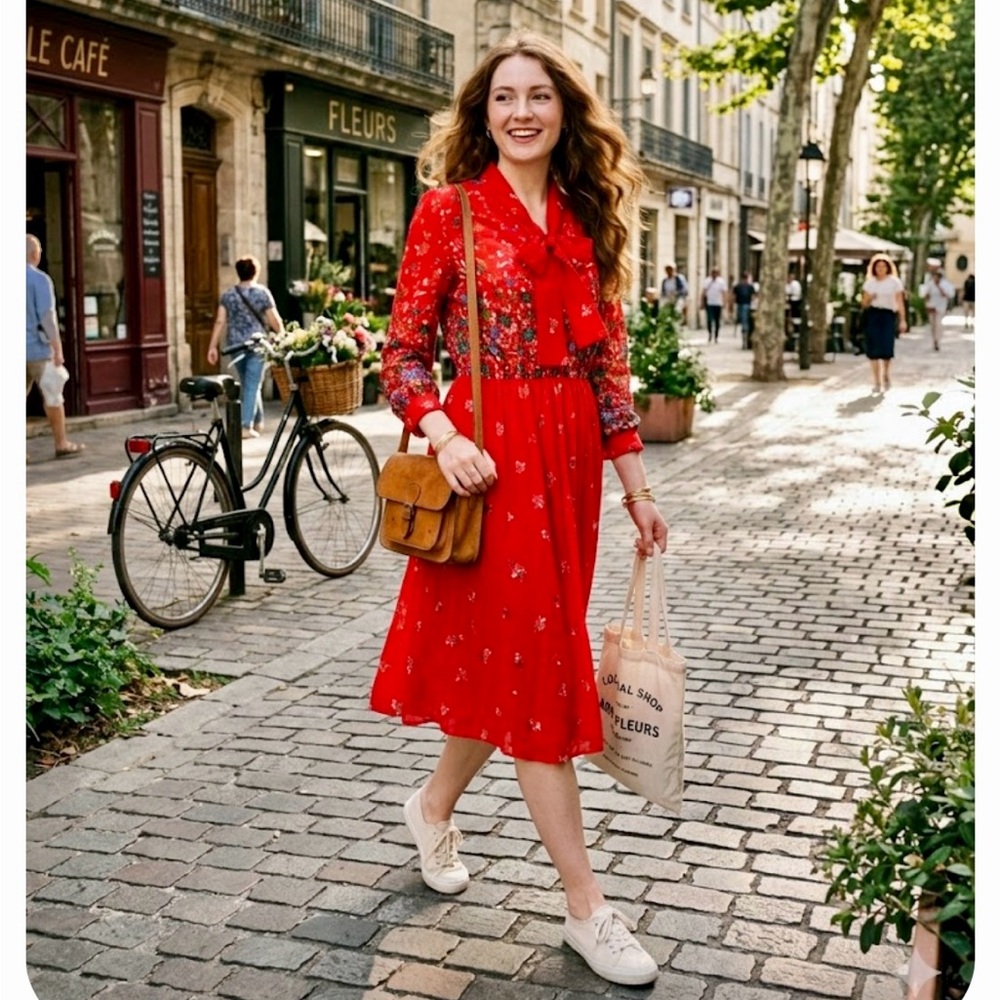 Vintage Red Floral Midi Dress